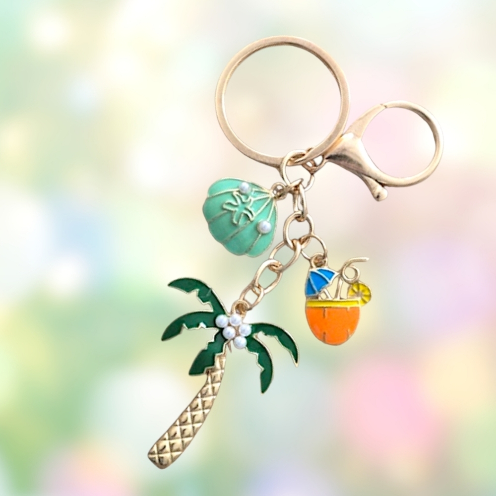 Tropical Bag Charm / Keychain with Palm Tree, Shell & Drink